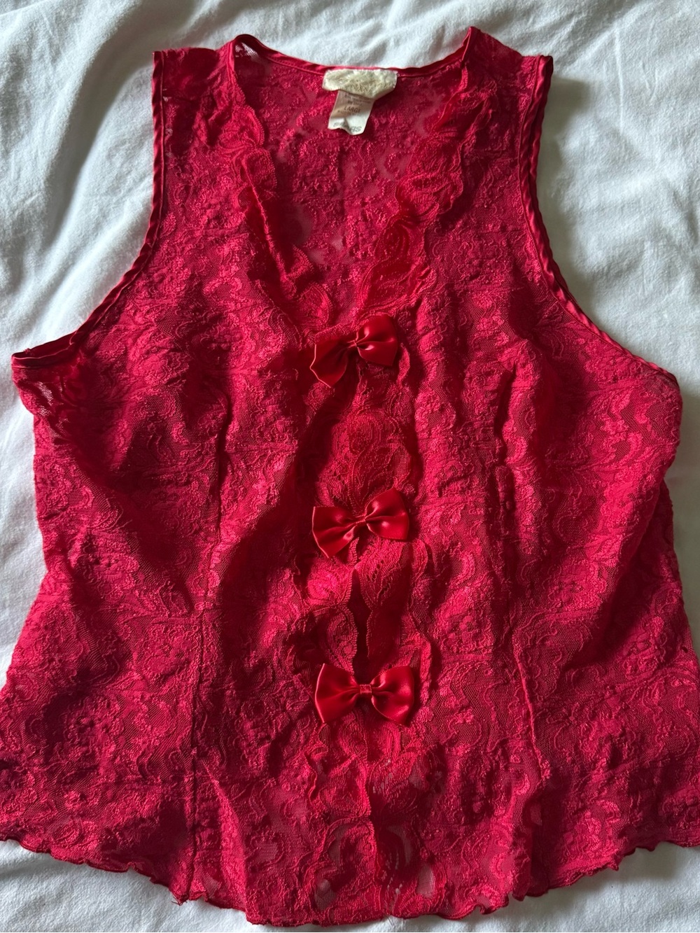 Vintage 80s Sears Red Lace Bow-Front Camisole